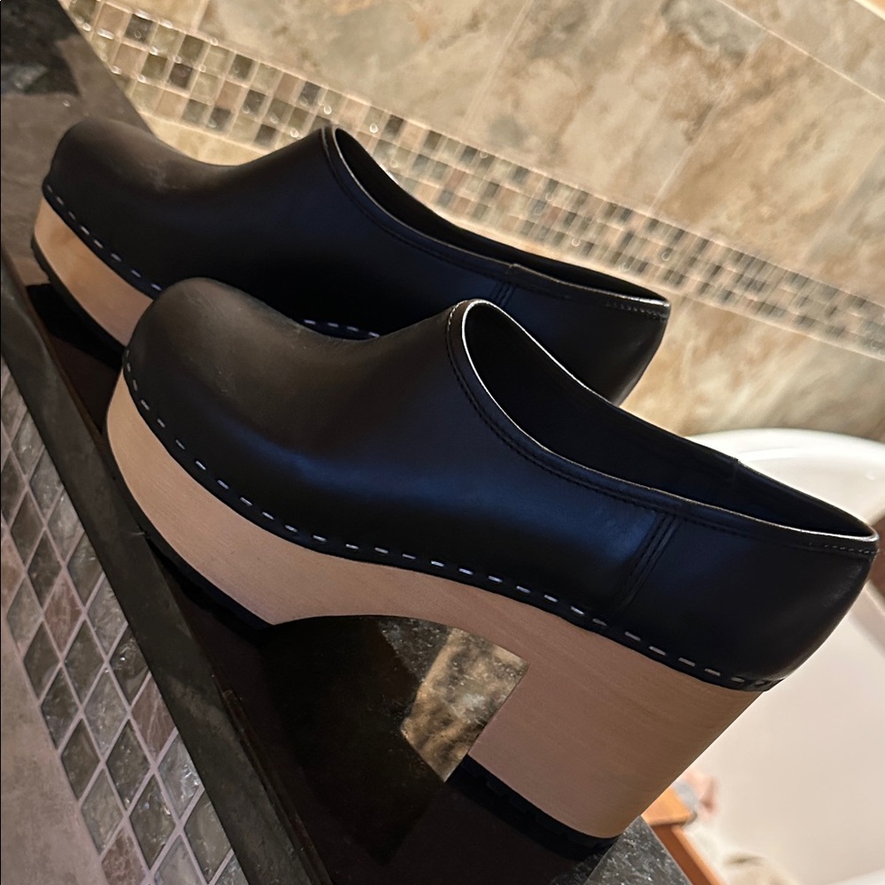 Swedish Hasbeens Black Leather Mules with Tan Platform